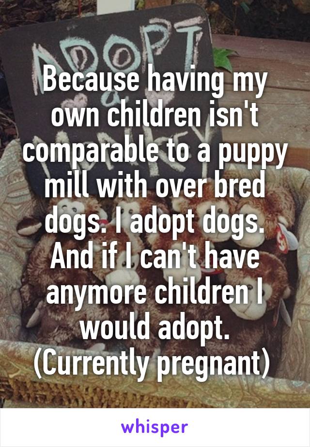 Because having my own children isn't comparable to a puppy mill with over bred dogs. I adopt dogs. And if I can't have anymore children I would adopt. (Currently pregnant) 