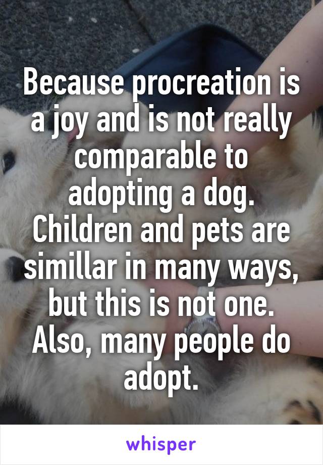 Because procreation is a joy and is not really comparable to adopting a dog.
Children and pets are simillar in many ways, but this is not one.
Also, many people do adopt.