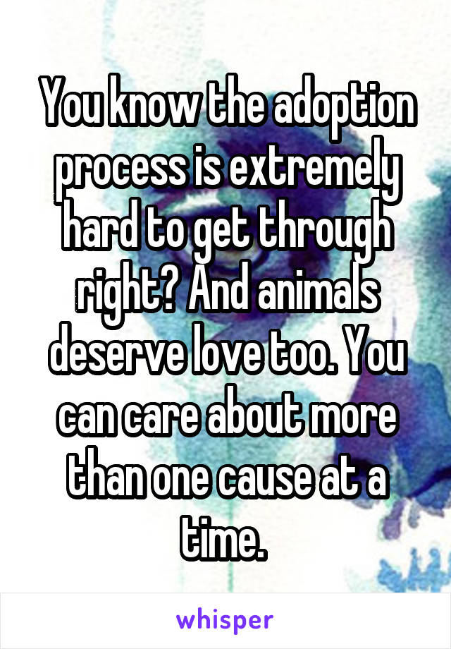 You know the adoption process is extremely hard to get through right? And animals deserve love too. You can care about more than one cause at a time. 