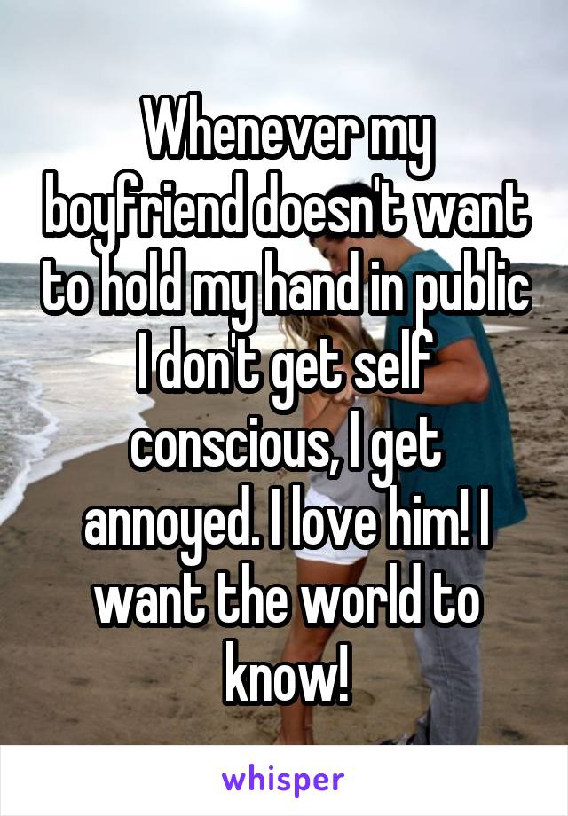 Whenever my boyfriend doesn't want to hold my hand in public I don't get self conscious, I get annoyed. I love him! I want the world to know!