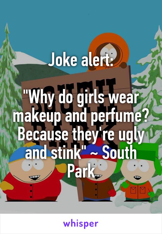 Joke alert:

"Why do girls wear makeup and perfume? Because they're ugly and stink" ~ South Park