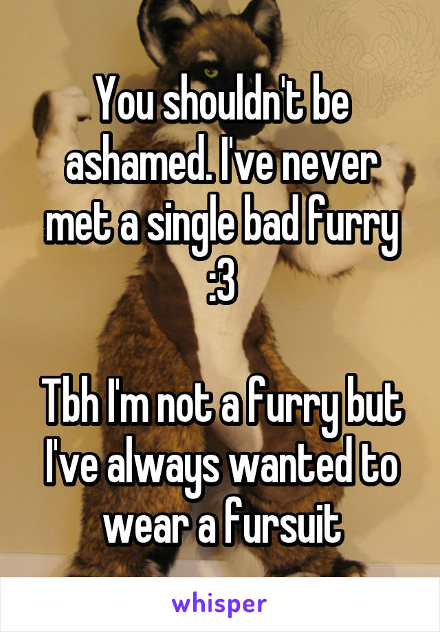 You shouldn't be ashamed. I've never met a single bad furry :3

Tbh I'm not a furry but I've always wanted to wear a fursuit