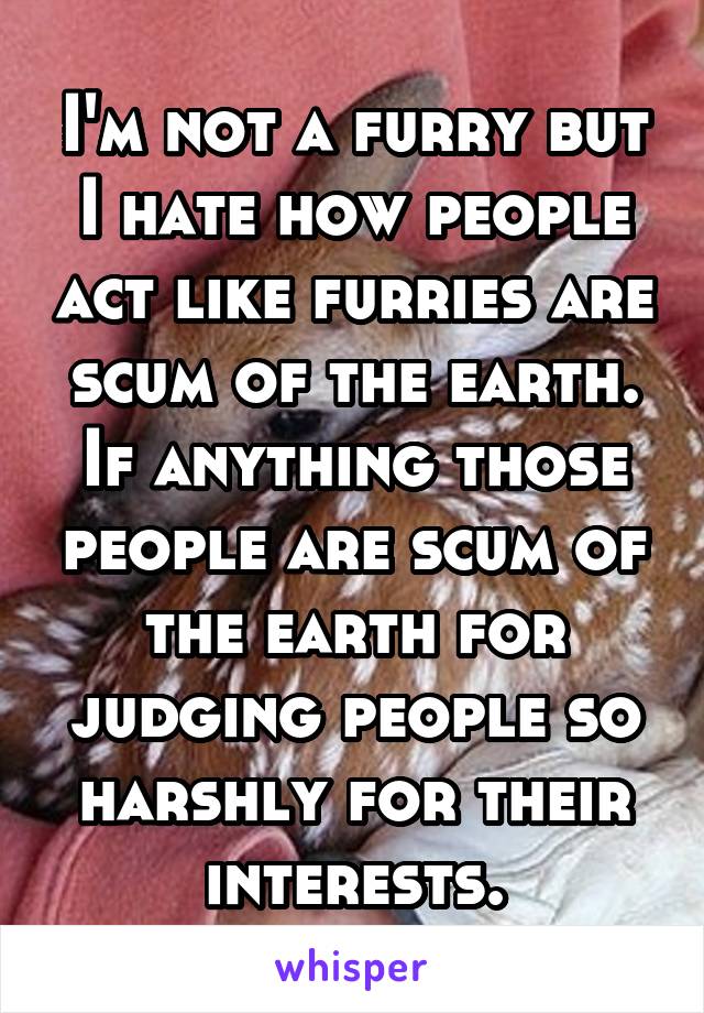 I'm not a furry but I hate how people act like furries are scum of the earth. If anything those people are scum of the earth for judging people so harshly for their interests.