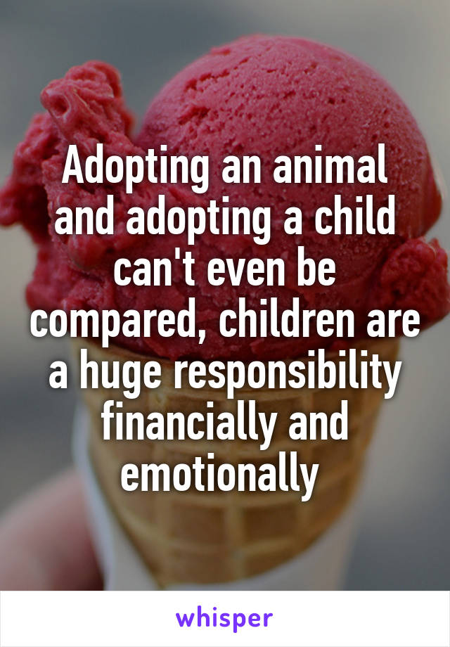 Adopting an animal and adopting a child can't even be compared, children are a huge responsibility financially and emotionally 