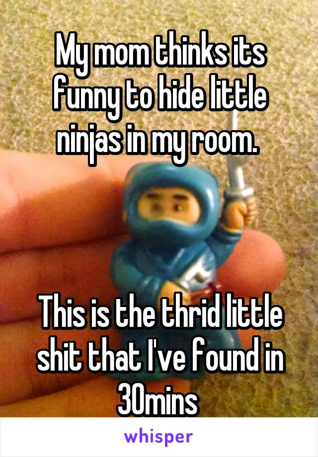 My mom thinks its funny to hide little ninjas in my room. 



This is the thrid little shit that I've found in 30mins 