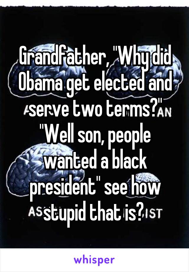 Grandfather, "Why did Obama get elected and serve two terms?" "Well son, people wanted a black president" see how stupid that is? 