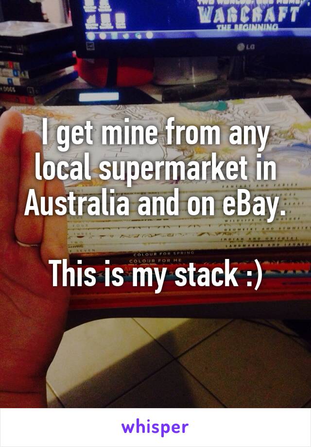 I get mine from any local supermarket in Australia and on eBay.

This is my stack :)
