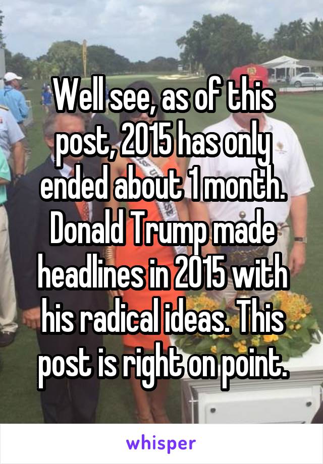 Well see, as of this post, 2015 has only ended about 1 month. Donald Trump made headlines in 2015 with his radical ideas. This post is right on point.