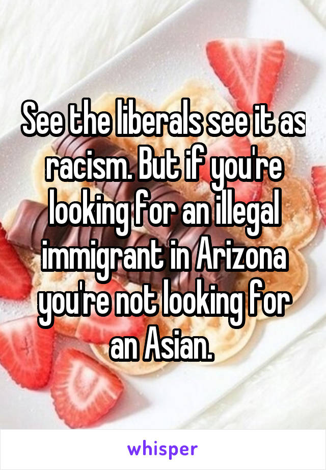 See the liberals see it as racism. But if you're looking for an illegal immigrant in Arizona you're not looking for an Asian. 