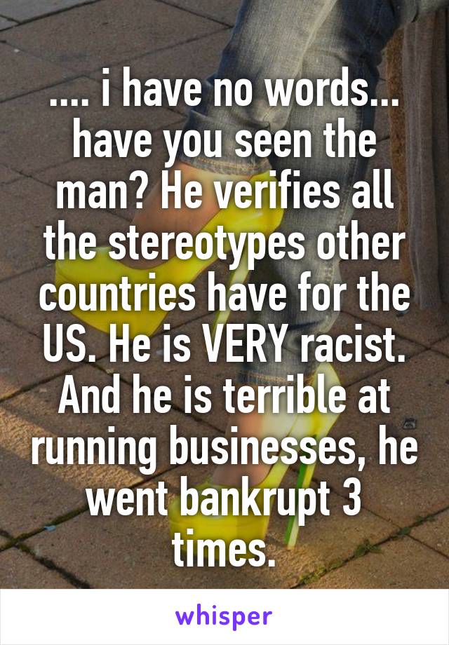 .... i have no words... have you seen the man? He verifies all the stereotypes other countries have for the US. He is VERY racist. And he is terrible at running businesses, he went bankrupt 3 times.