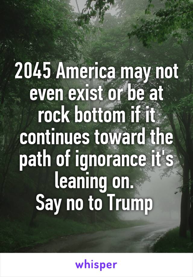 2045 America may not even exist or be at rock bottom if it continues toward the path of ignorance it's leaning on. 
Say no to Trump 