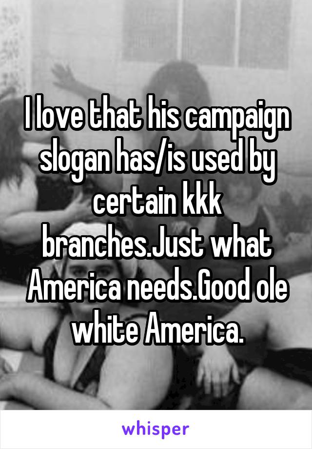 I love that his campaign slogan has/is used by certain kkk branches.Just what America needs.Good ole white America.
