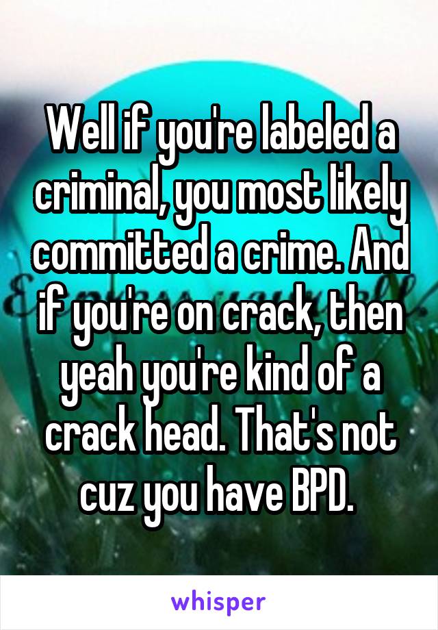 Well if you're labeled a criminal, you most likely committed a crime. And if you're on crack, then yeah you're kind of a crack head. That's not cuz you have BPD. 