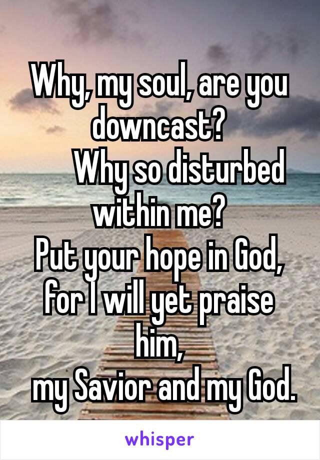 Why, my soul, are you downcast?
    Why so disturbed within me?
Put your hope in God,
for I will yet praise him,
 my Savior and my God.