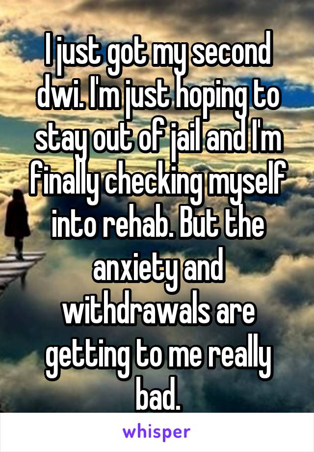 I just got my second dwi. I'm just hoping to stay out of jail and I'm finally checking myself into rehab. But the anxiety and withdrawals are getting to me really bad.