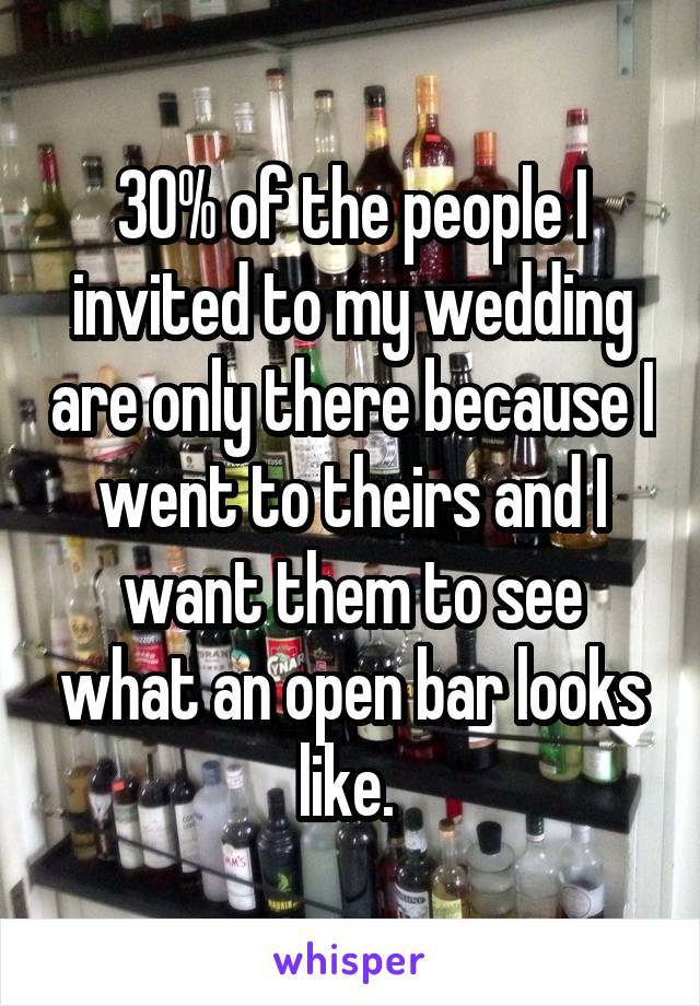 30% of the people I invited to my wedding are only there because I went to theirs and I want them to see what an open bar looks like. 