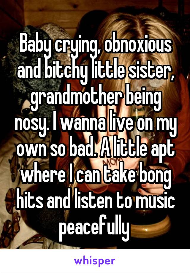 Baby crying, obnoxious and bitchy little sister, grandmother being nosy. I wanna live on my own so bad. A little apt where I can take bong hits and listen to music peacefully 