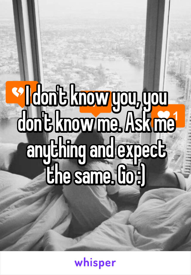 I don't know you, you don't know me. Ask me anything and expect the same. Go :)
