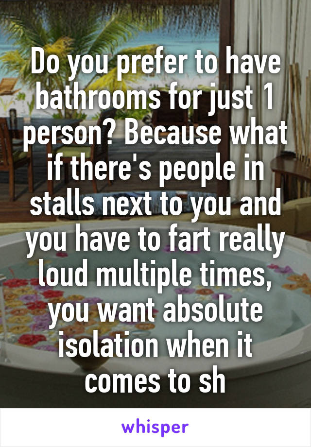Do you prefer to have bathrooms for just 1 person? Because what if there's people in stalls next to you and you have to fart really loud multiple times, you want absolute isolation when it comes to sh