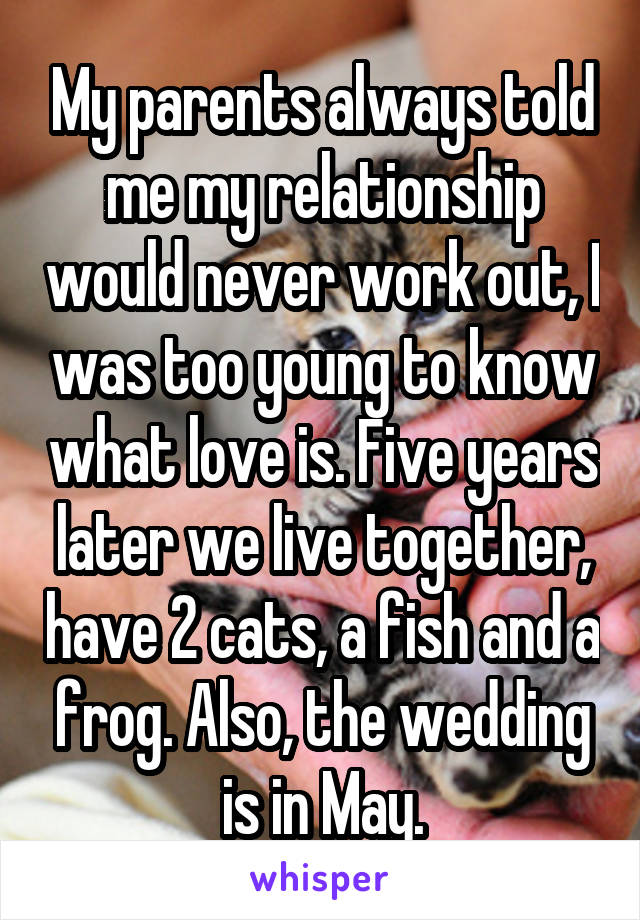 My parents always told me my relationship would never work out, I was too young to know what love is. Five years later we live together, have 2 cats, a fish and a frog. Also, the wedding is in May.