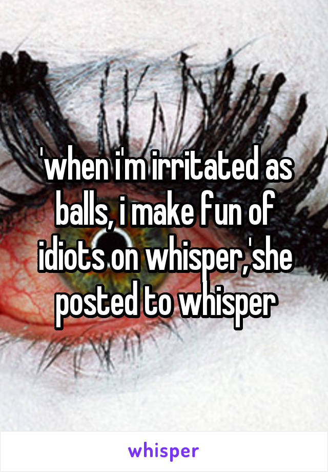 'when i'm irritated as balls, i make fun of idiots on whisper,'she posted to whisper