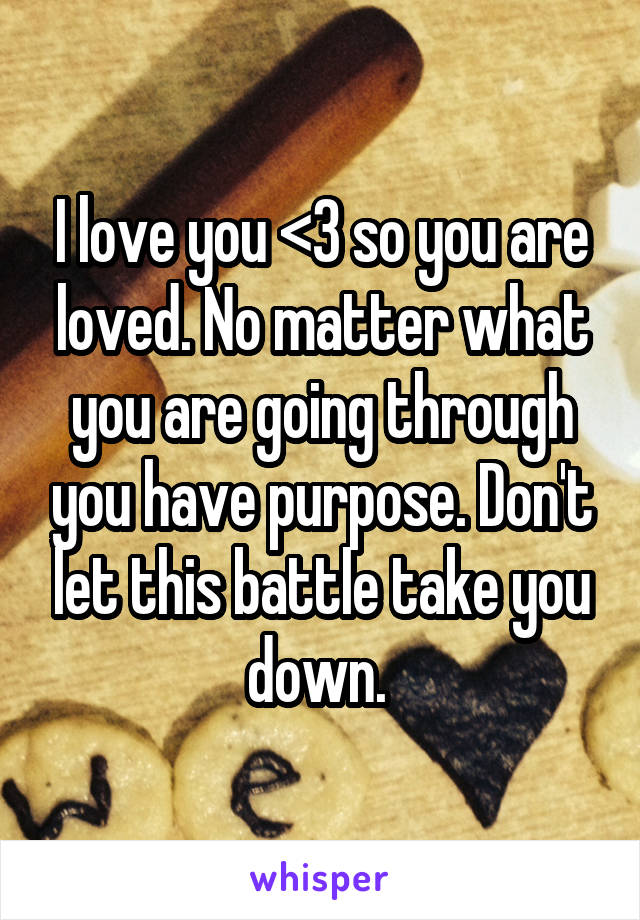 I love you <3 so you are loved. No matter what you are going through you have purpose. Don't let this battle take you down. 