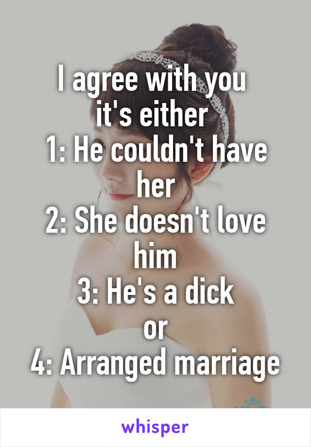 I agree with you 
it's either 
1: He couldn't have her
2: She doesn't love him
3: He's a dick
or
4: Arranged marriage