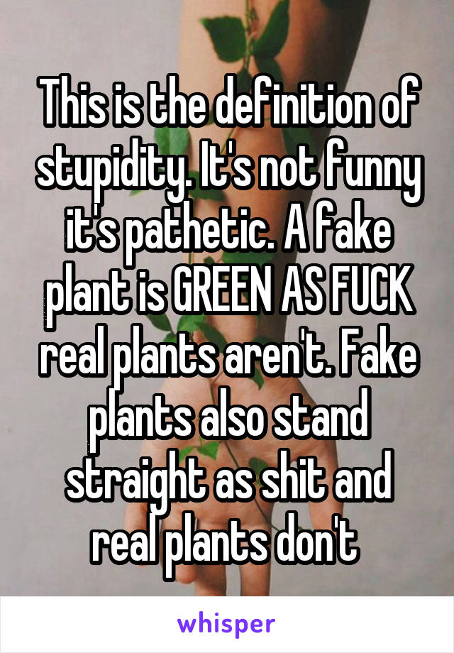 This is the definition of stupidity. It's not funny it's pathetic. A fake plant is GREEN AS FUCK real plants aren't. Fake plants also stand straight as shit and real plants don't 