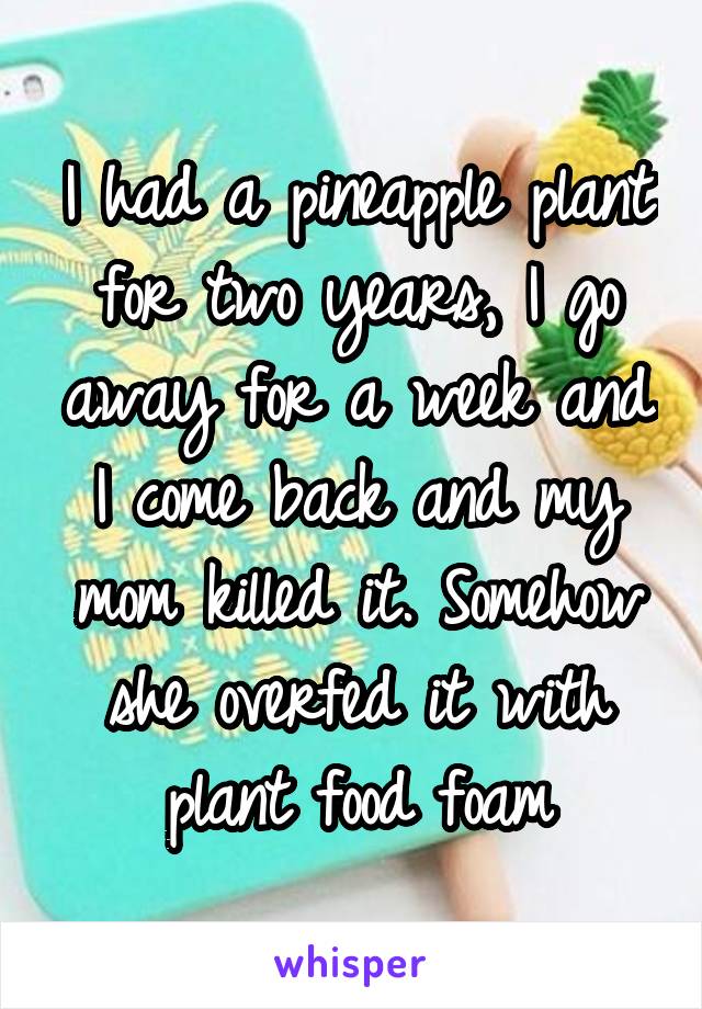 I had a pineapple plant for two years, I go away for a week and I come back and my mom killed it. Somehow she overfed it with plant food foam