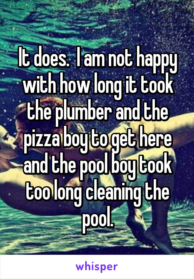 It does.  I am not happy with how long it took the plumber and the pizza boy to get here and the pool boy took too long cleaning the pool.