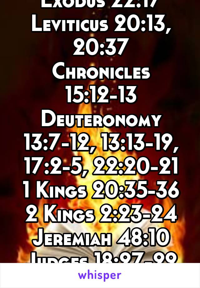 Exodus 22:17
Leviticus 20:13, 20:37
Chronicles 15:12-13
Deuteronomy 13:7-12, 13:13-19, 17:2-5, 22:20-21
1 Kings 20:35-36
2 Kings 2:23-24
Jeremiah 48:10
Judges 18:27-29
