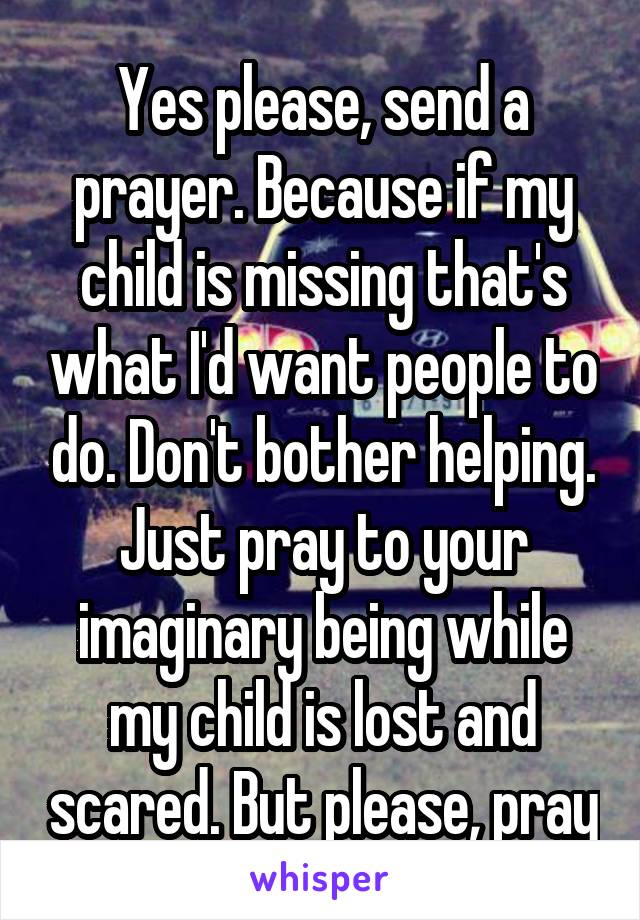 Yes please, send a prayer. Because if my child is missing that's what I'd want people to do. Don't bother helping. Just pray to your imaginary being while my child is lost and scared. But please, pray