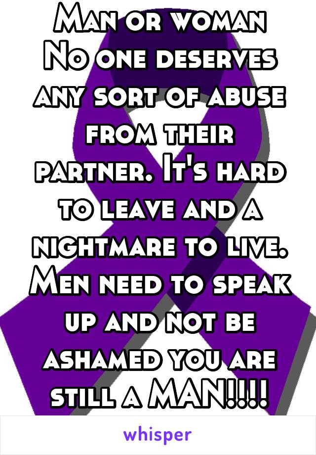 Man or woman
No one deserves any sort of abuse from their partner. It's hard to leave and a nightmare to live. Men need to speak up and not be ashamed you are still a MAN!!!! She's a BITCH!!!