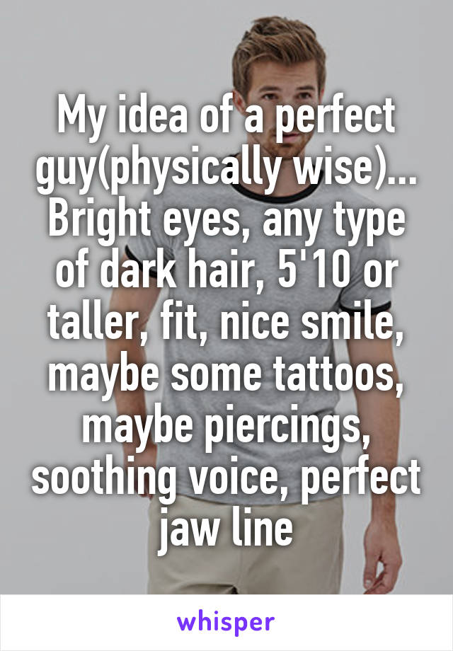 My idea of a perfect guy(physically wise)...
Bright eyes, any type of dark hair, 5'10 or taller, fit, nice smile, maybe some tattoos, maybe piercings, soothing voice, perfect jaw line