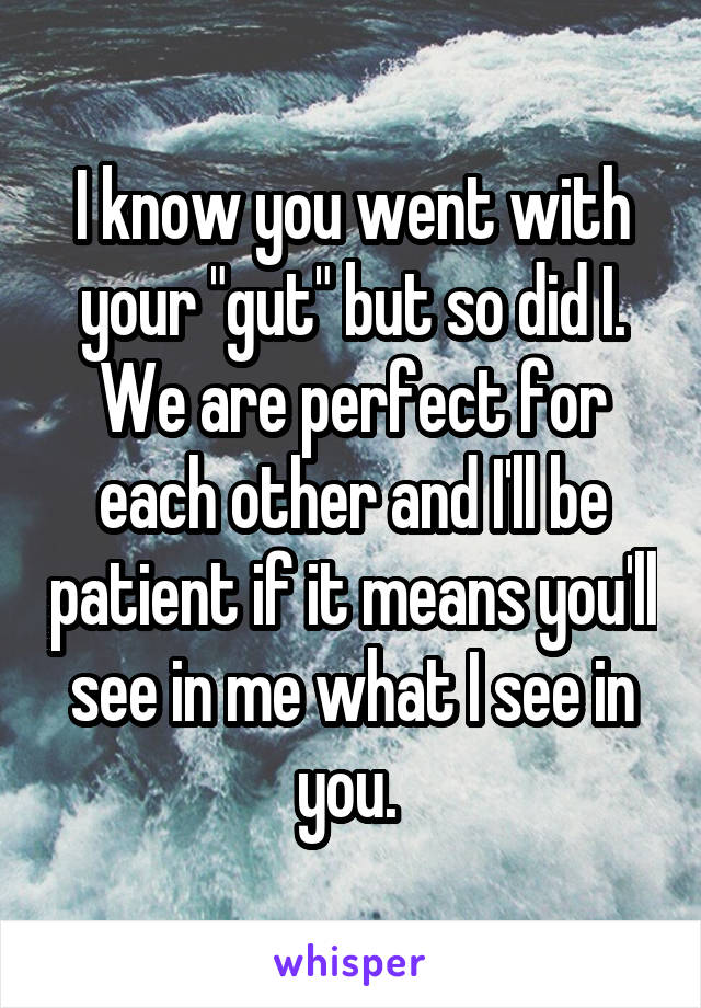 I know you went with your "gut" but so did I. We are perfect for each other and I'll be patient if it means you'll see in me what I see in you. 