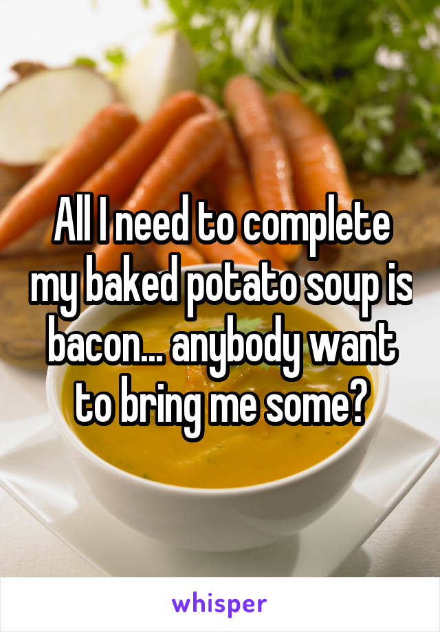 All I need to complete my baked potato soup is bacon... anybody want to bring me some?