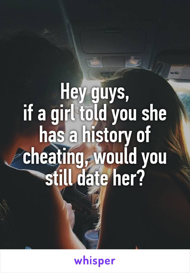 Hey guys,
if a girl told you she has a history of cheating, would you still date her?