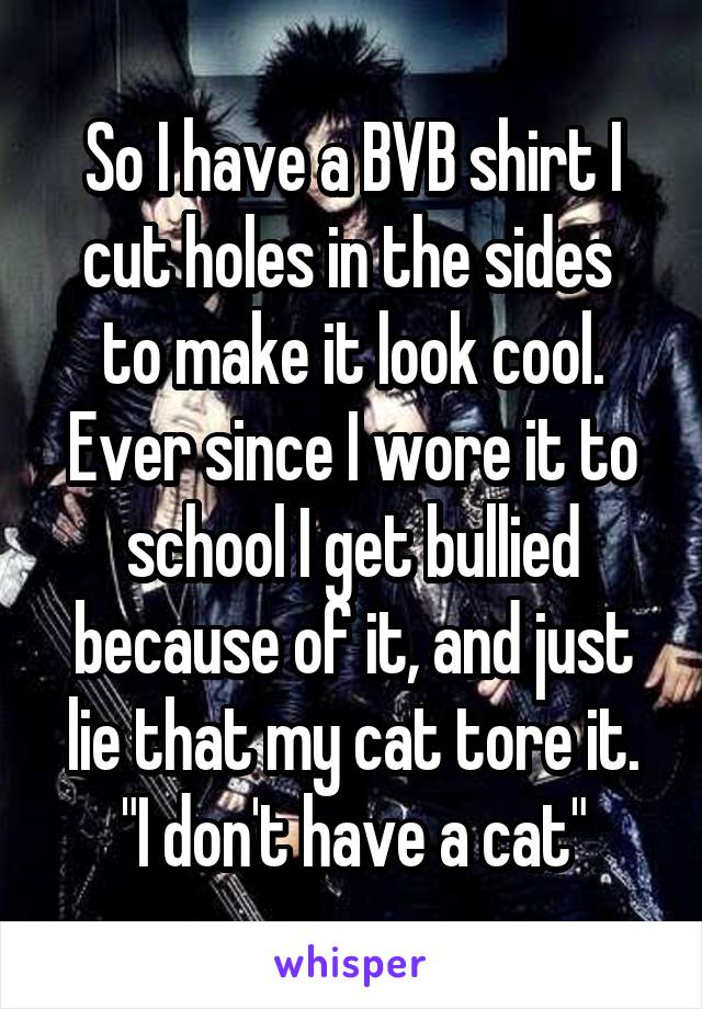 So I have a BVB shirt I cut holes in the sides  to make it look cool. Ever since I wore it to school I get bullied because of it, and just lie that my cat tore it. "I don't have a cat"