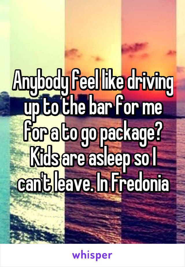 Anybody feel like driving up to the bar for me for a to go package? Kids are asleep so I can't leave. In Fredonia