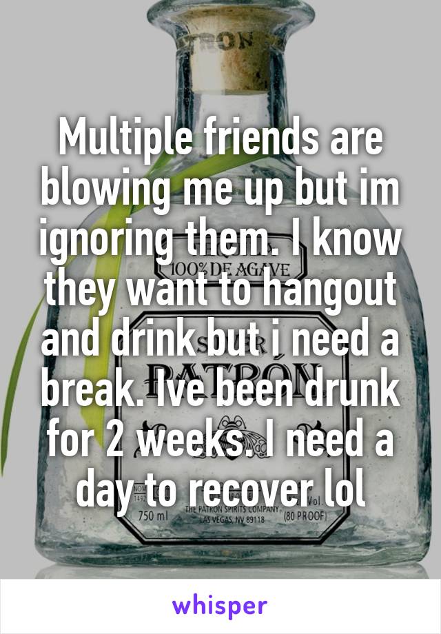 Multiple friends are blowing me up but im ignoring them. I know they want to hangout and drink but i need a break. Ive been drunk for 2 weeks. I need a day to recover lol