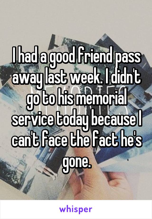 I had a good friend pass away last week. I didn't go to his memorial service today because I can't face the fact he's gone.