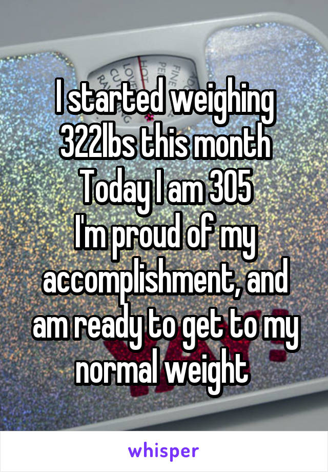 I started weighing 322lbs this month
Today I am 305
I'm proud of my accomplishment, and am ready to get to my normal weight 