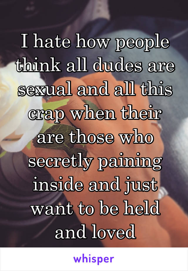 I hate how people think all dudes are sexual and all this crap when their are those who secretly paining inside and just want to be held and loved