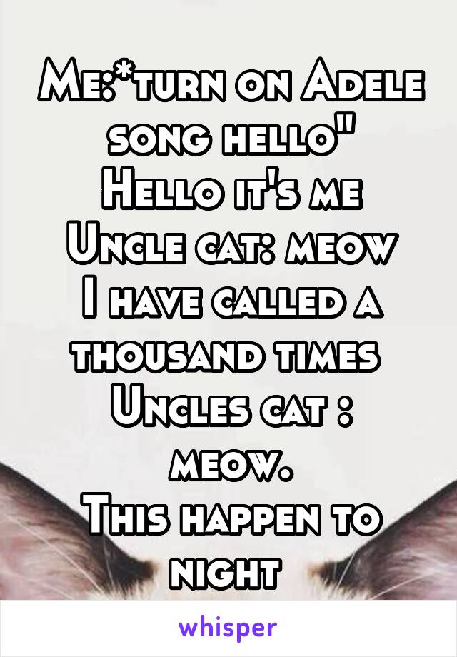 Me:*turn on Adele song hello"
Hello it's me
Uncle cat: meow
I have called a thousand times 
Uncles cat : meow.
This happen to night 
