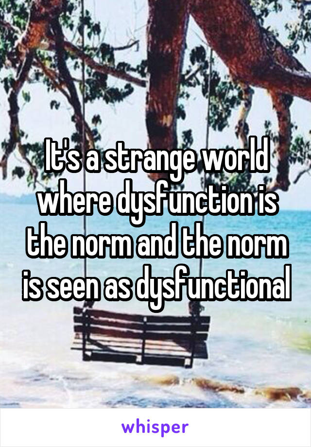 It's a strange world where dysfunction is the norm and the norm is seen as dysfunctional