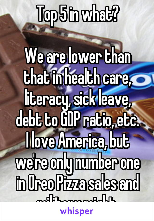 Top 5 in what?

We are lower than that in health care, literacy, sick leave, debt to GDP ratio, etc.
I love America, but we're only number one in Oreo Pizza sales and military might.