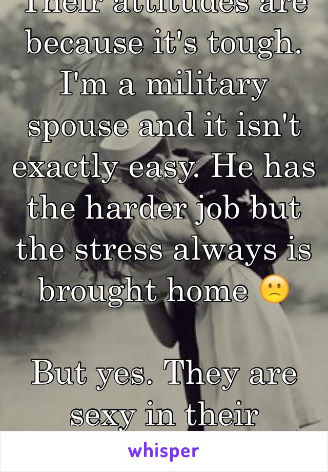 Their attitudes are because it's tough. I'm a military spouse and it isn't exactly easy. He has the harder job but the stress always is brought home 🙁

But yes. They are sexy in their uniforms 😉