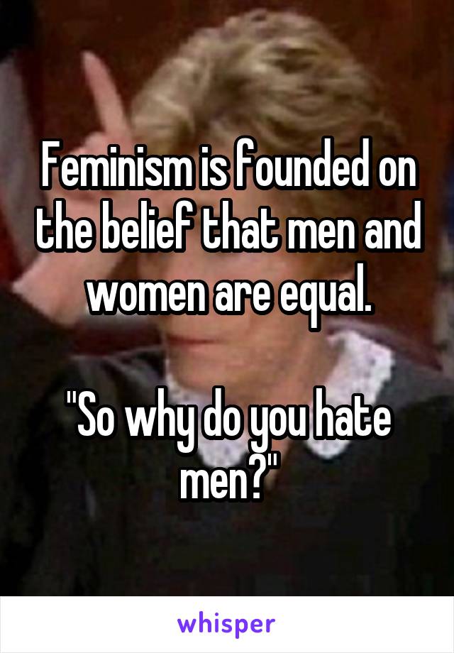 Feminism is founded on the belief that men and women are equal.

"So why do you hate men?"