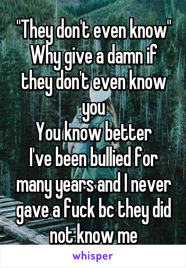 "They don't even know"
Why give a damn if they don't even know you
You know better
I've been bullied for many years and I never gave a fuck bc they did not know me