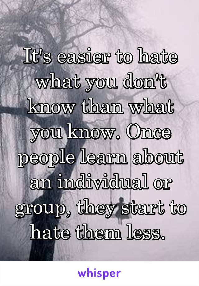 It's easier to hate what you don't know than what you know. Once people learn about an individual or group, they start to hate them less. 